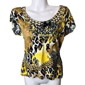 VTG Cache L Glam Leopard Jewel Chain Print Top Animal Print Mobwife 90s Blouse